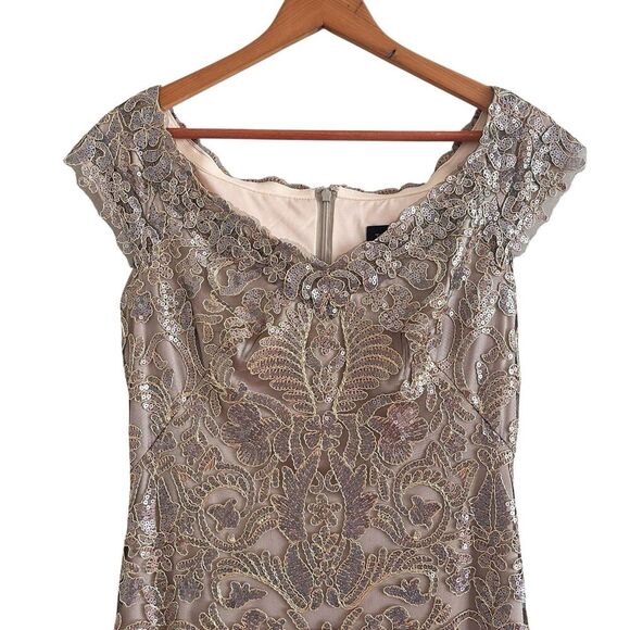 BHLDN Tadashi Shoji Odette Dress 8 Champagne Lace Sequin Gown Embroidered Formal - Picture 12 of 16